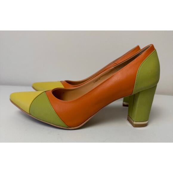 Vero Cuoio Zevio Italian Leather Color Block Yellow Green Orange Pump Shoe Sz 40 - Picture 5 of 11